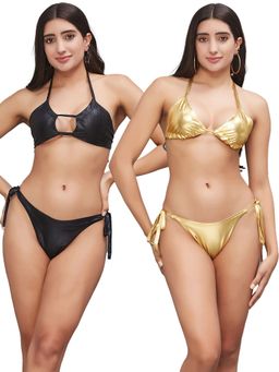 Secrets By ZeroKaata - Women Metallic Halter Beach Wear Swim Bikini Set