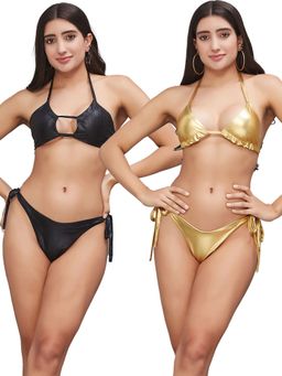 Secrets By ZeroKaata - Women Metallic Halter Beach Wear Swim Bikini Set