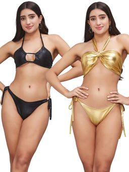 Secrets By ZeroKaata - Women Metallic Halter Beach Wear Swim Bikini Set