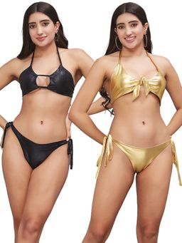 Secrets By ZeroKaata - Women Metallic Halter Beach Wear Swim Bikini Set