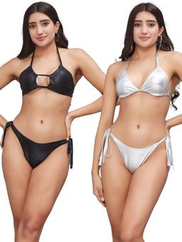 Secrets By ZeroKaata - Women Metallic Halter Beach Wear Swim Bikini Set