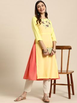 Gahan - Womens Yellow & Coral Orange Ethnic Motifs Embroidered Kurta with Inner