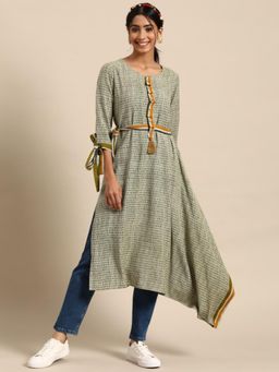 Gahan - Womens Grey Geometric Printed Pure Cotton Belted Kurta