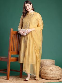 Gahan - Womens Floral Embroidered Chanderi Cotton Zari Kurta with Pant & Dupatta