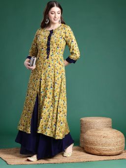 Gahan - Womens Green Geometric Printed Layered Kurta with Jacket