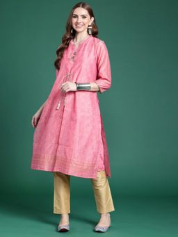 Gahan - Womens Pink & Gold Toned Ethnic Motifs Printed Kurta