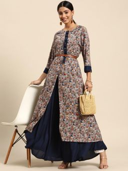 Gahan - Womens Grey Geometric Printed Layered Kurta with Jacket