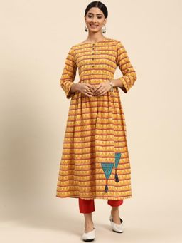 Gahan - Womens Mustard Yellow & Maroon Ethnic Motifs Printed Cotton Kurta