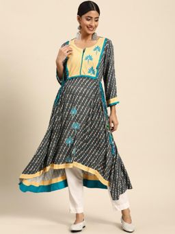 Gahan - Womens Blue Ethnic Motifs Printed Embroidered Tassels Kurta