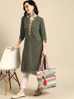 Gahan - Womens Olive Three Fourth Sleeves Printed Kurta
