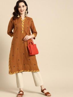 Gahan - Womens Mustard Three Fourth Sleeves Printed Kurta