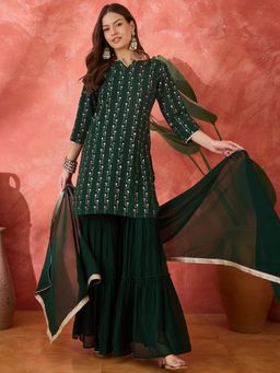Gahan - Womens Green Embroidered Sequinned Kurta with Sharara & Dupatta