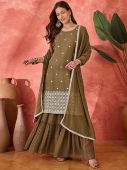 Gahan - Womens Brown Embroidered Sequinned Kurta with Sharara & Dupatta