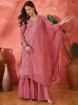 Gahan - Womens Pink Embroidered Sequinned Kurta with Sharara & Dupatta