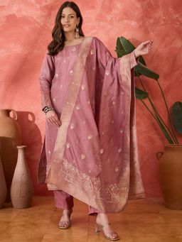 Gahan - Womens Pink Floral Woven Design Kurta with Pant & Dupatta