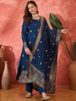 Gahan - Womens Navy Blue Floral Woven Design Kurta with Pant & Dupatta
