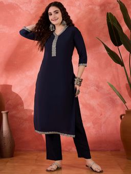 Gahan - Womens Navy Blue Ethnic Motifs Embroidered Kurta with Pant