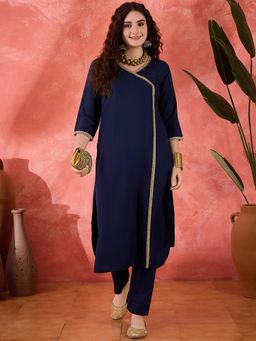Gahan - Womens Navy Blue Ethnic Motifs Embroidered Kurta with Pant