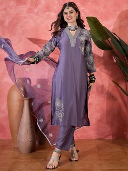 Gahan - Womens Embroidered Silk Blend Party Wear Kurta with Pant & Organza Dupatta