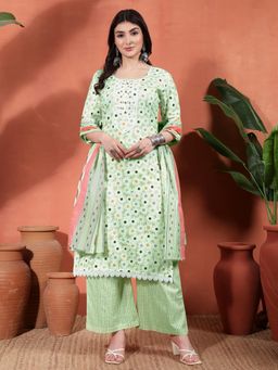 Gahan - Womens Green Pure Cotton Floral Kurta with Pant & Dupatta