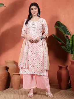 Gahan - Womens Pink Pure Cotton Floral Kurta with Pant & Dupatta