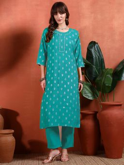 Gahan - Womens Teal Designer Embellished Silk Blend Kurta with Pant