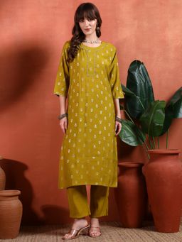 Gahan - Womens Mustard Designer Embellished Silk Blend Kurta with Pant