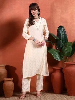 Gahan - Womens Cream Designer Embellished Silk Blend Kurta with Pant