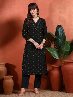 Gahan - Womens Black Designer Embellished Silk Blend Kurta with Pant