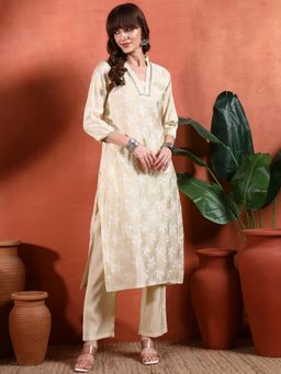 Gahan - Womens Beige Designer Embellished Silk Blend Kurta with Pant