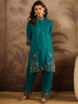 Gahan - Womens Teal Floral Embroidered Vatikan Silk Kurta with Pant