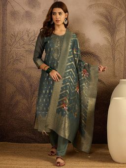 Gahan - Womens Floral Embroidered Jaquard Woven Silk Kurta with Pant & Dupatta