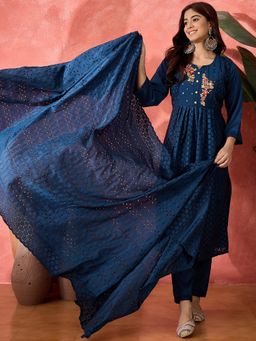 Gahan - Womens Embroidered Schiffli Cotton Silk Kurta with Pant & Dupatta