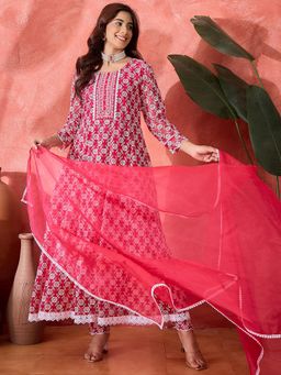 Gahan - Womens Pink Embroidered Sequence Georgette Anarkali Kurta with Pant & Dupatta