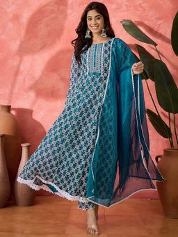 Gahan - Womens Teal Embroidered Sequence Georgette Anarkali Kurta with Pant & Dupatta