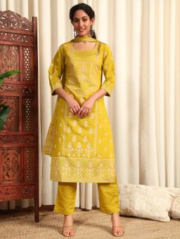 Gahan - Womens Yellow Ethnic Motifs Printed Regular Kurta with Pant & Dupatta