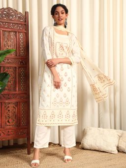 Gahan - Womens White Ethnic Motifs Printed Regular Kurta with Pant & Dupatta