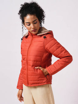 Globus - Women Rust Solid Puffer Jacket with Detachable Hoodie