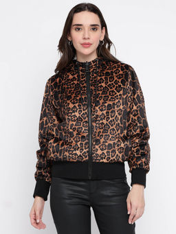 Guess - Women Brown Animal Print Bomber Jacket