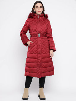 Guess - Women Maroon Self Design Puffer Jacket