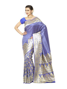 Banarasi Silk Works - Blue Mughal Motif Heavy Katan Saree with Unstitched Blouse