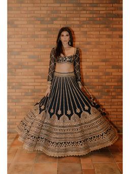 Gopi Vaid - Navy Blue Elnaz Lehenga with Blouse (Set of 2)