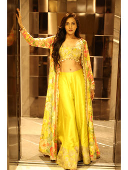 Gopi Vaid - Yellow Parul Cape with Blouse and Flared Pant (Set of 3)