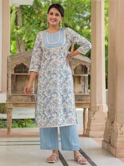 ARAMYA - Blue Soft Cotton Straight Floral Print Kurta with Pant (Set of 2)