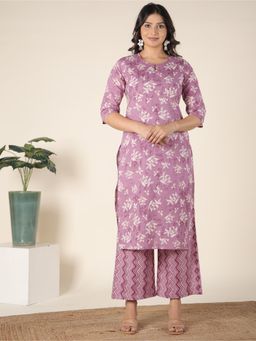 ARAMYA - Pink Soft Cotton Straight Floral Print Kurta with Pant (Set of 2)