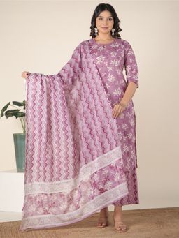 ARAMYA - Purple Soft Cotton Straight Floral Print Kurta with Pant & Dupatta (Set of 3)