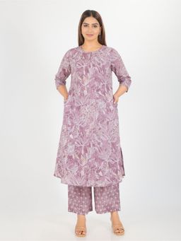ARAMYA - Purple Soft Cotton Floral Print Kurta with Pant (Set of 2)