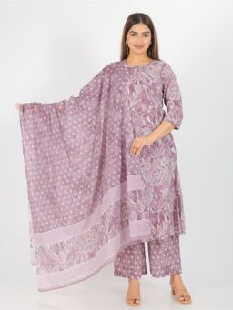 ARAMYA - Purple Soft Cotton Floral Print Kurta with Pant & Dupatta (Set of 3)