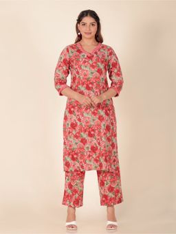 ARAMYA - Red Soft Cotton Panelled Floral Print Kurta with Pant (Set of 2)