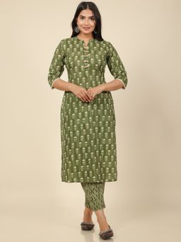 ARAMYA - Green Soft Cotton Straight Floral Print Kurta with Pant (Set of 2)